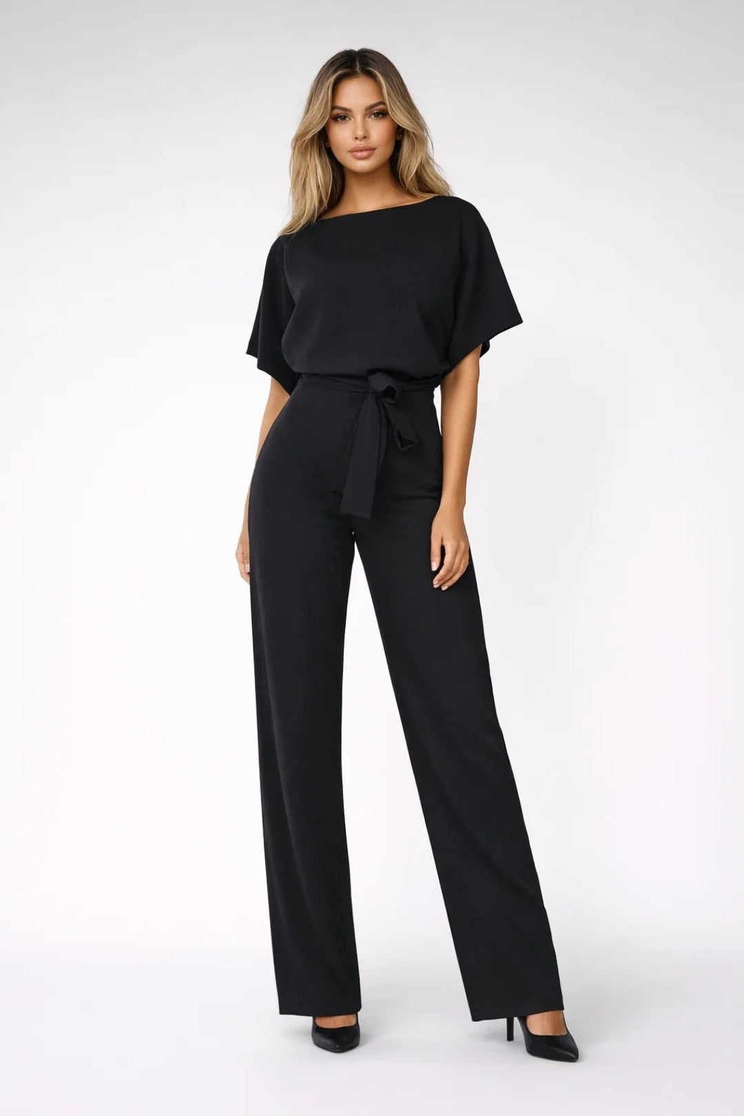 Women's Jumpsuit | Wide Leg & Tie Belt | Beige
