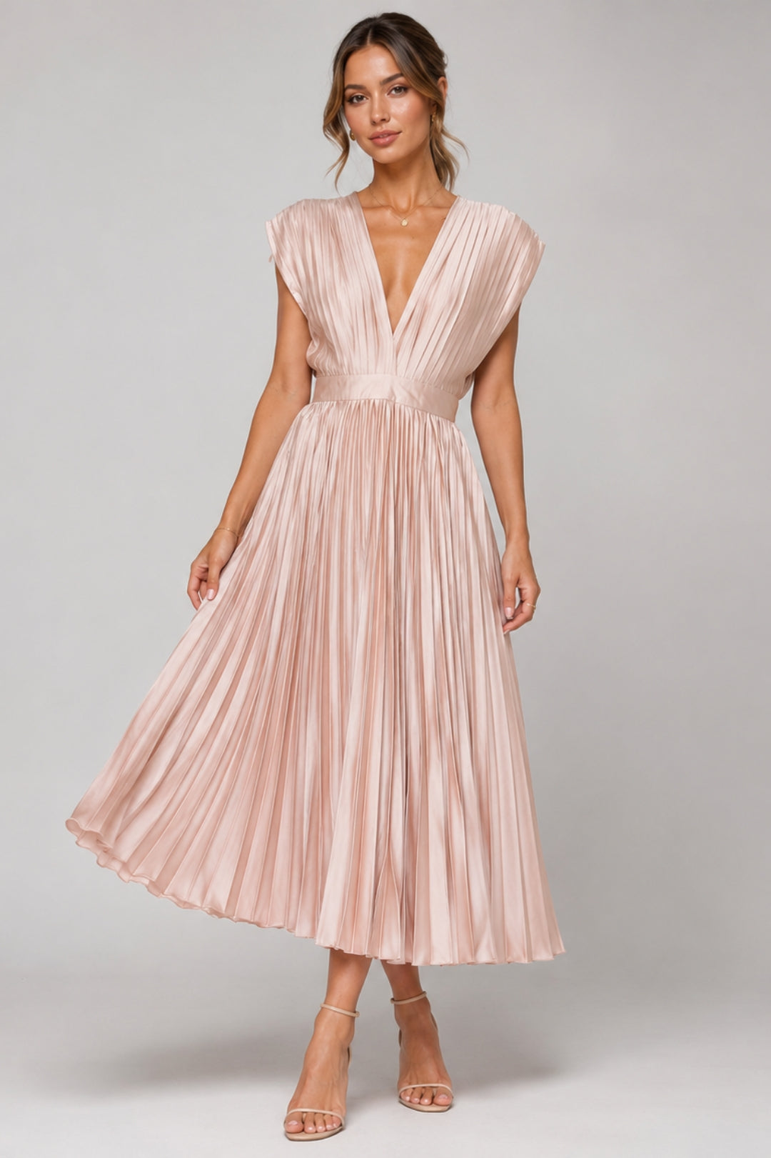 Women's Elegant Pleated Midi Dress | V-Neck, Fit & Flare, Wedding Guest