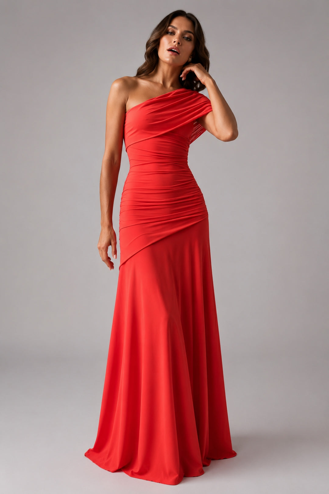 Women's Coral One-Shoulder Maxi Dress | Ruched Drape, Bodycon Silhouette