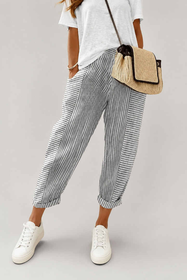 Women's linen pants with stripes and a trendy, close-fitting ankle cut