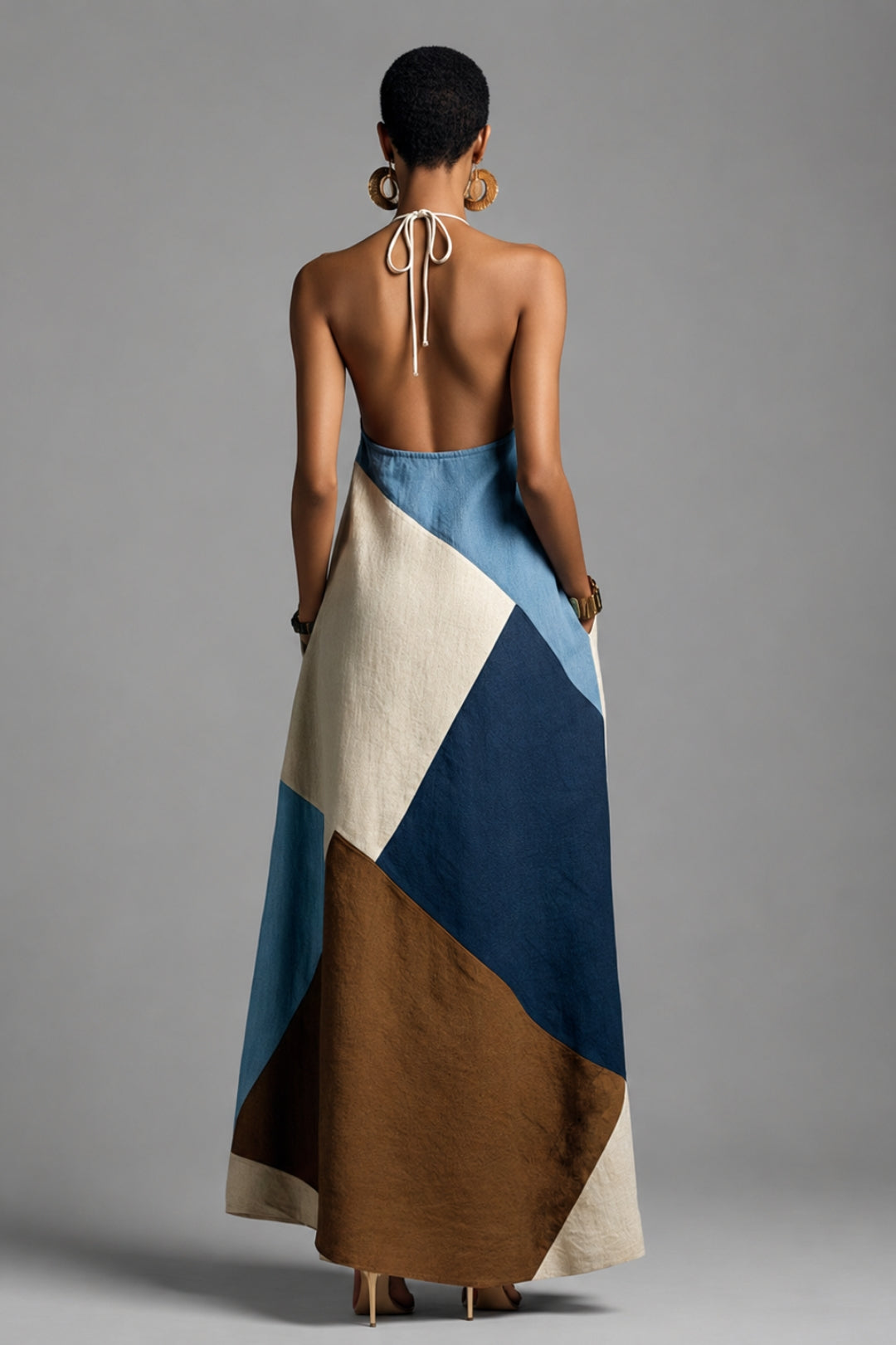Women's Sleeveless Maxi Dress | Halter Neck, Contrast Panels
