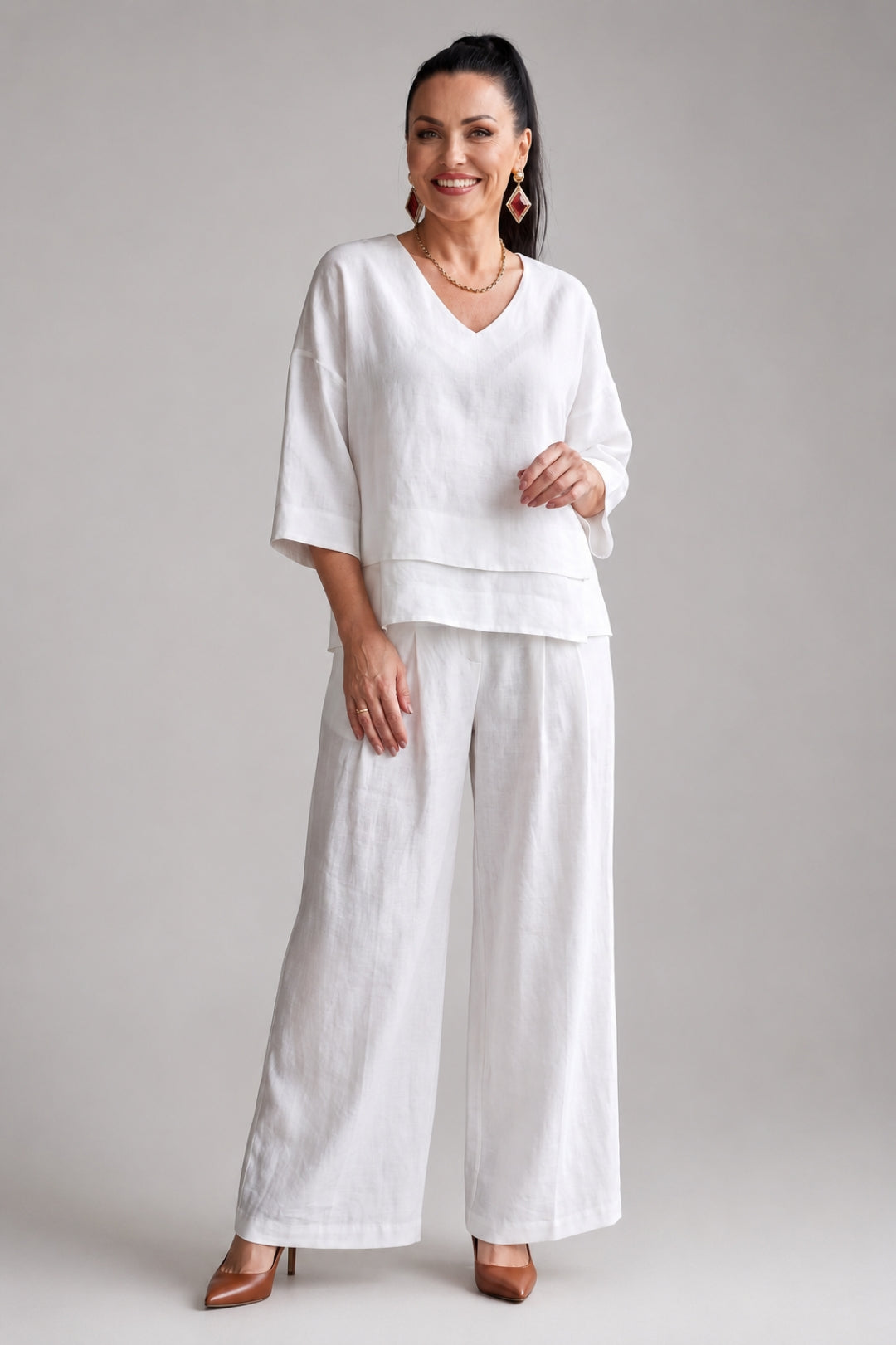 Linen Set Women Elegant – Layered V-Neck Top & Wide-Leg Trousers