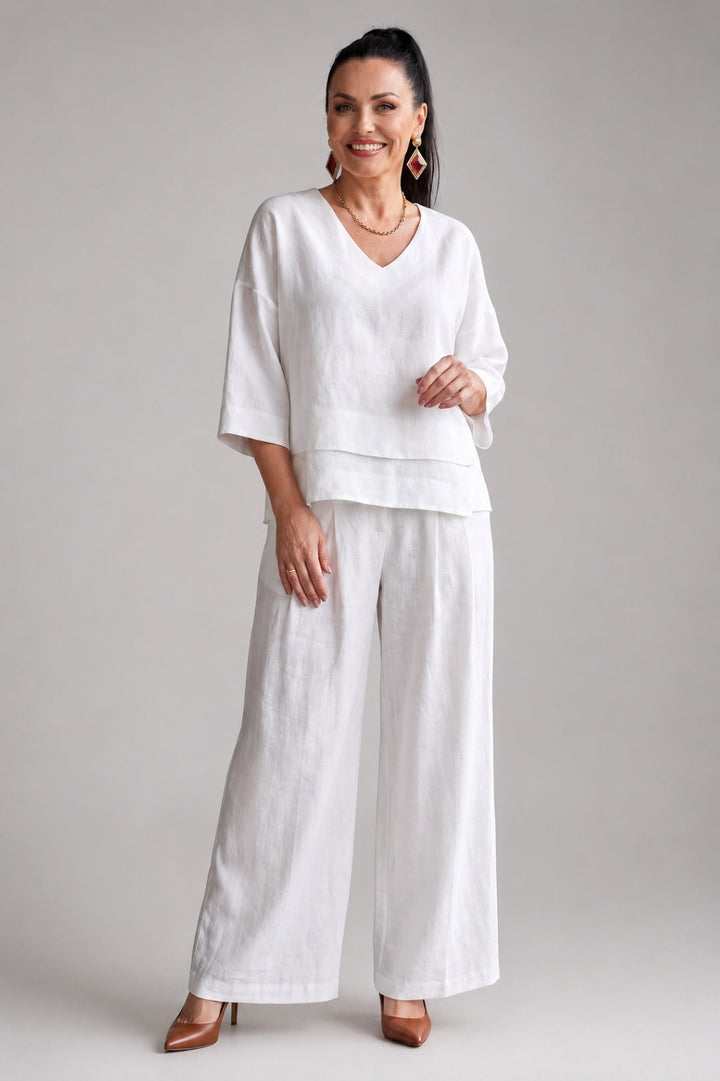 Linen Set Women Elegant – Layered V-Neck Top & Wide-Leg Trousers