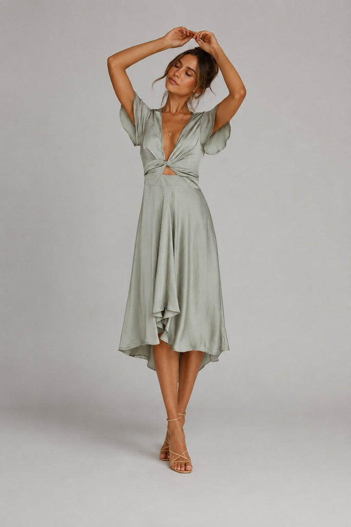 Women's Regular Fit Summer Dress - Deep V-Neck with Twist Waist & Flutter Sleeves