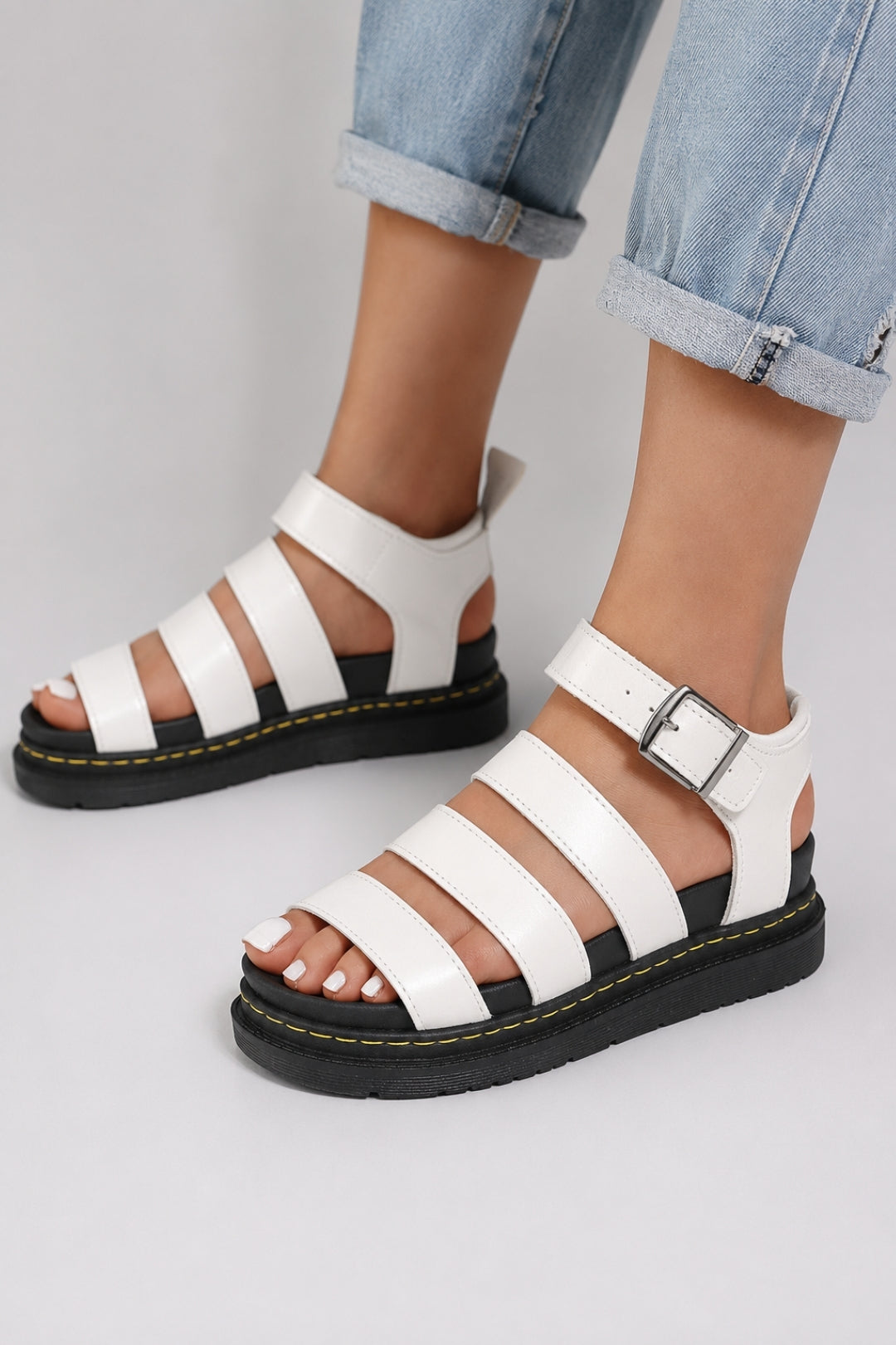 Casual Women's Sandals | Multiple Straps, Ribbed Platform Sole, and Leather-Look