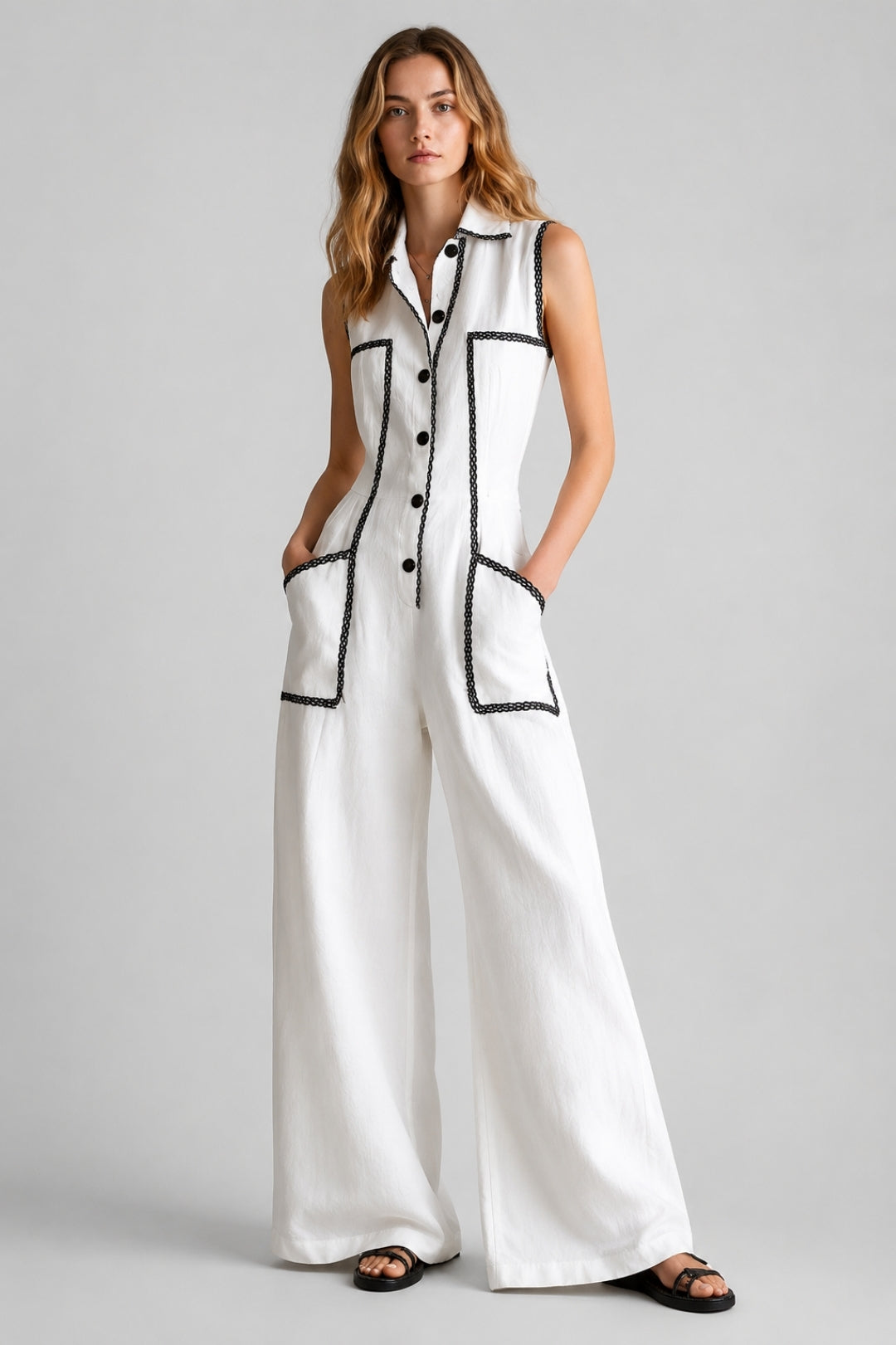 Linen Jumpsuit Women Sleeveless – Button Placket & Cargo Pockets