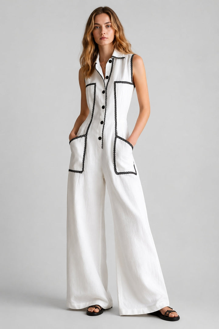 Linen Jumpsuit Women Sleeveless – Button Placket & Cargo Pockets
