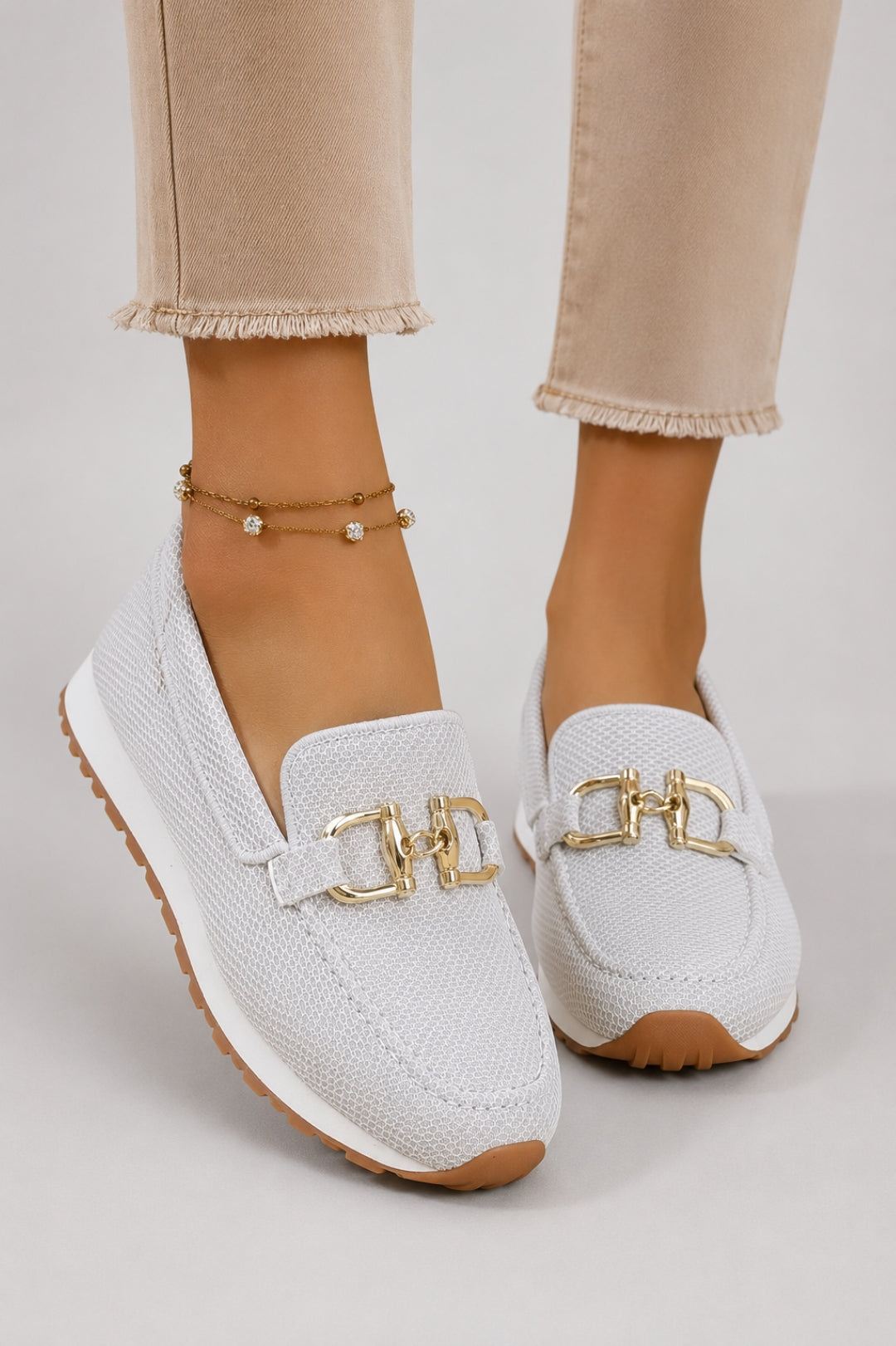 Women's moccasin with a comfortable fit | Gold buckle, platform sole, textured fabric