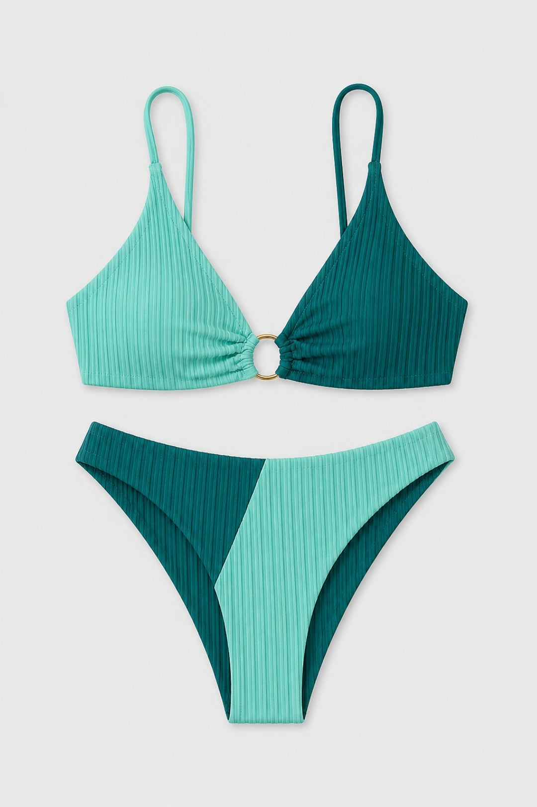 Trendy, figure-hugging women's bikini | Color-block swimsuit in beige and brown with a ring on the front