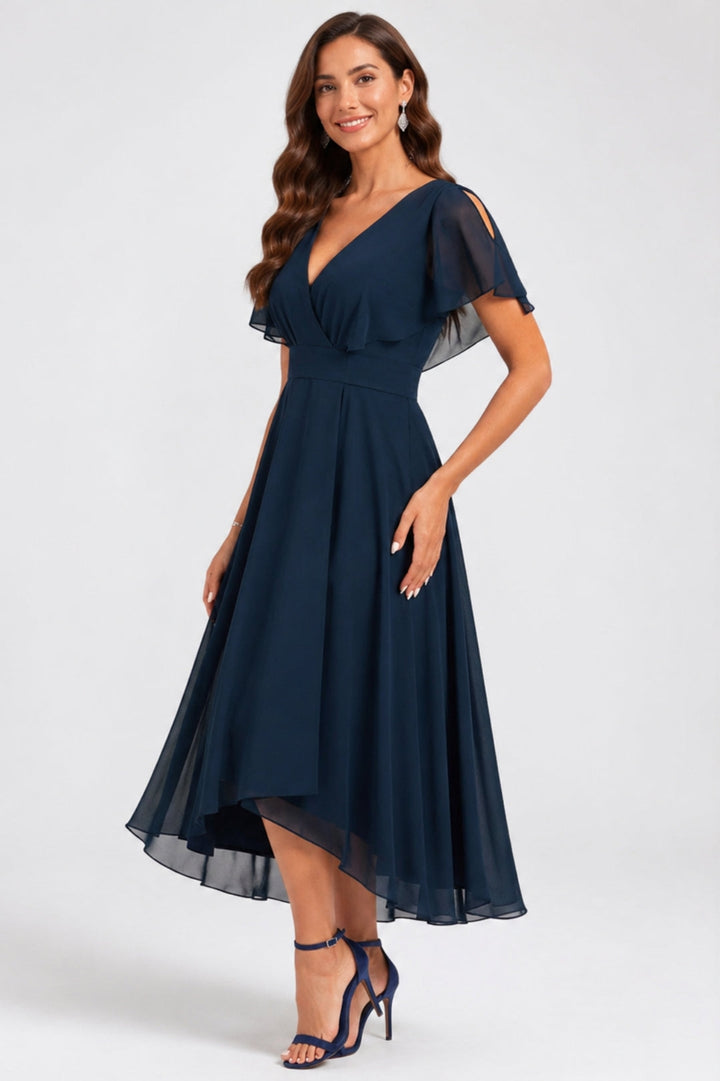 Flowy Women's Dress | V-neck with voile | Short sleeves | Asymmetrical hem | Wedding guests