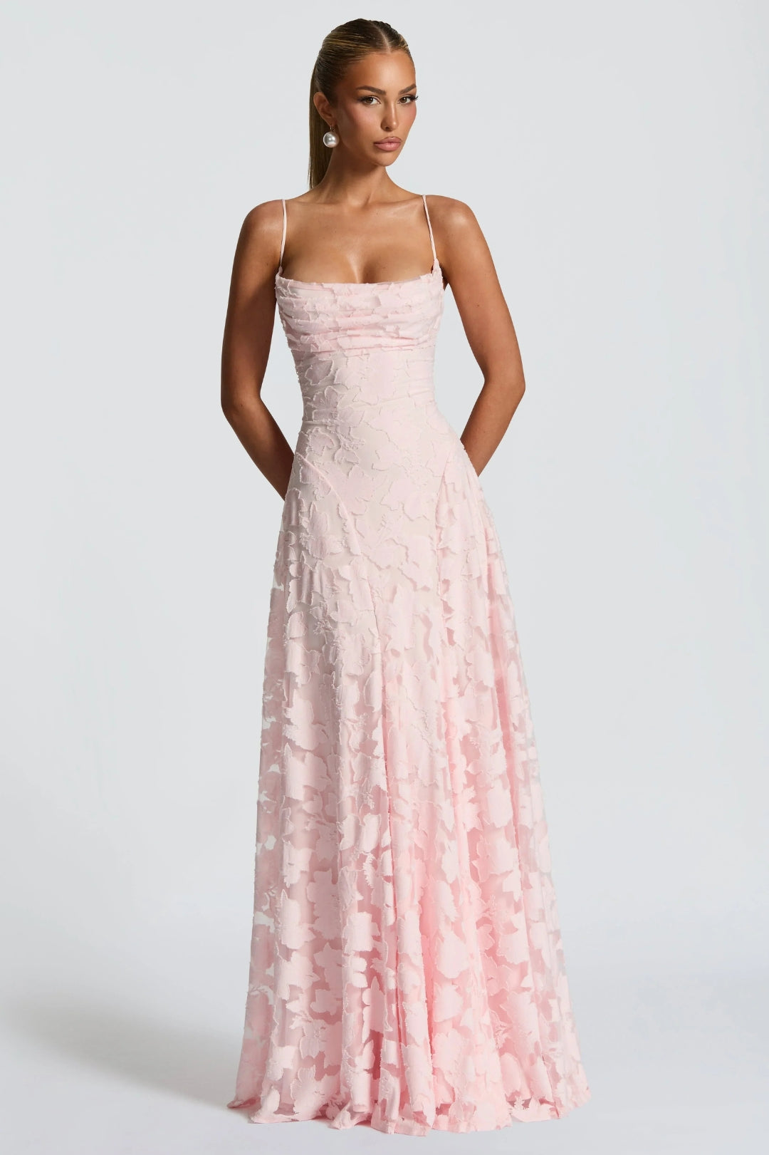 Women's Pink A-Line Maxi Dress | Thin Straps, Floral Appliqué