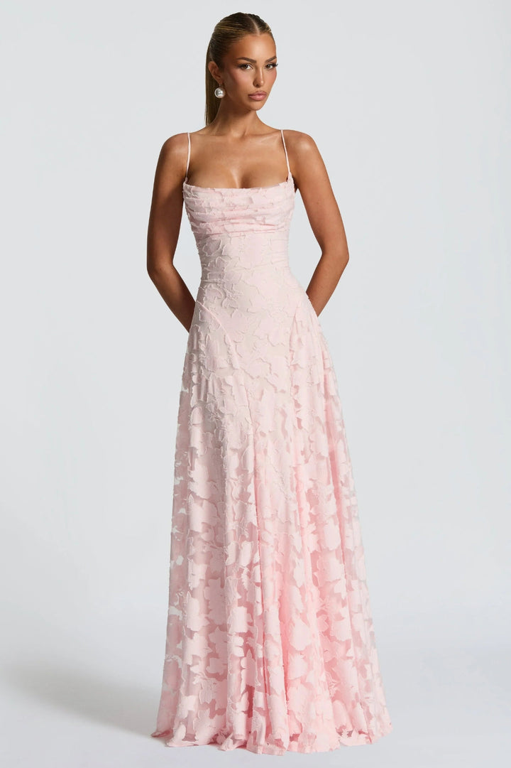 Women's Pink A-Line Maxi Dress | Thin Straps, Floral Appliqué