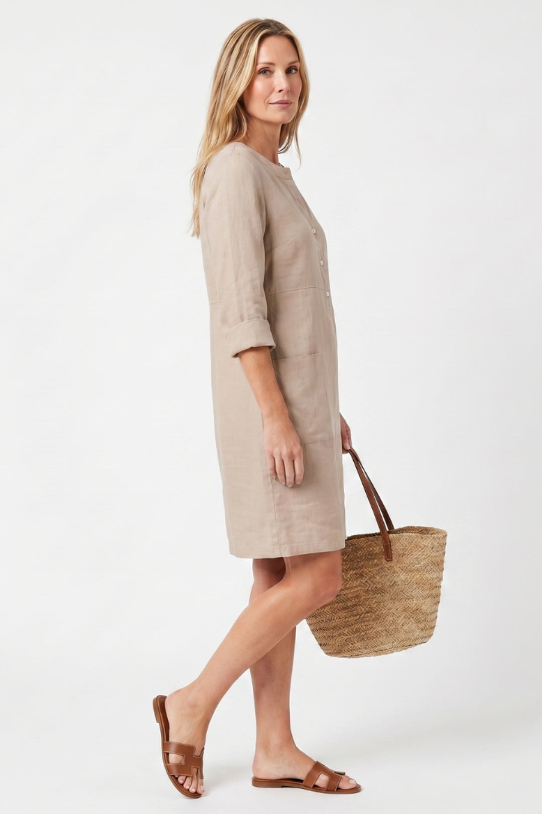 Women's Straight Cut Midi Dress - 3/4 Sleeve Linen Boho Dress with Side Pockets