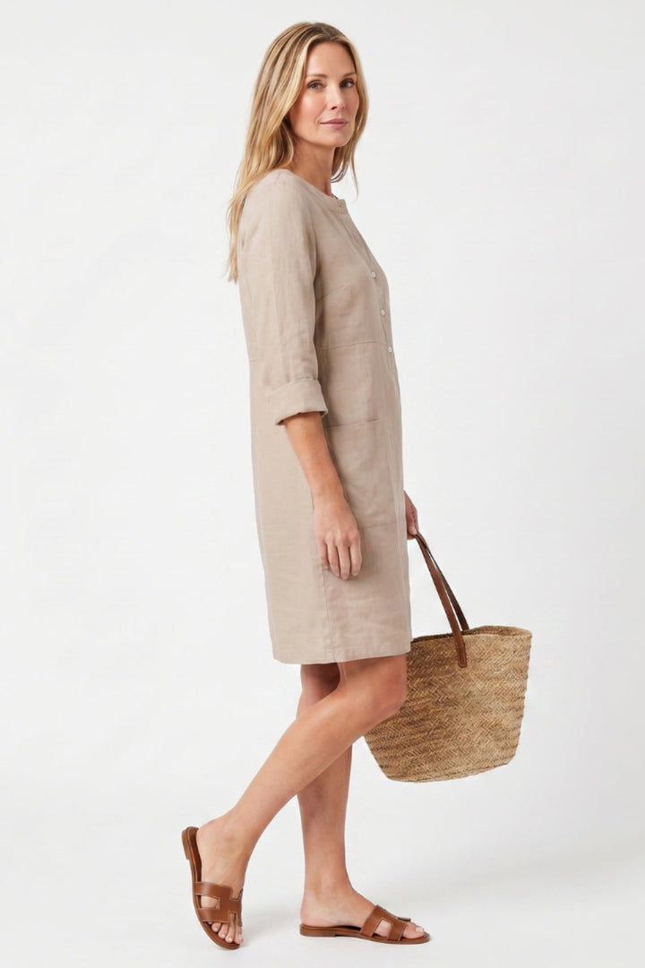 Women's Straight Cut Midi Dress - 3/4 Sleeve Linen Boho Dress with Side Pockets
