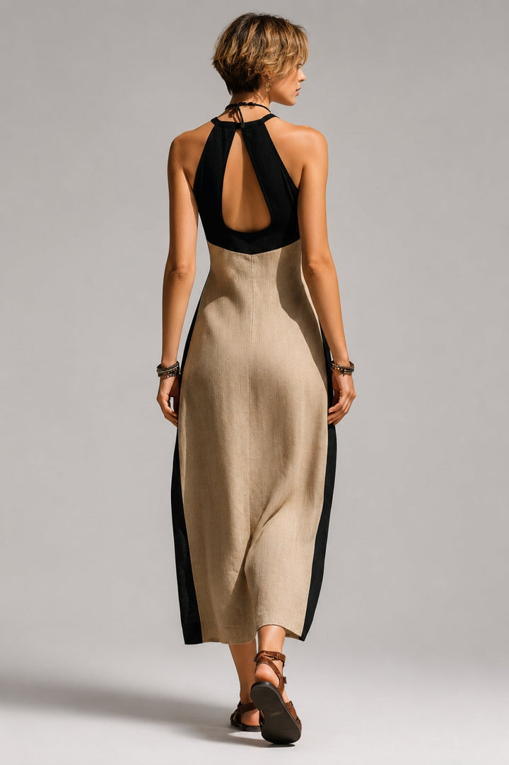 Women's Bodycon Maxi Dress | Halter Neck, Front Cutout, Linen-Look Contrast