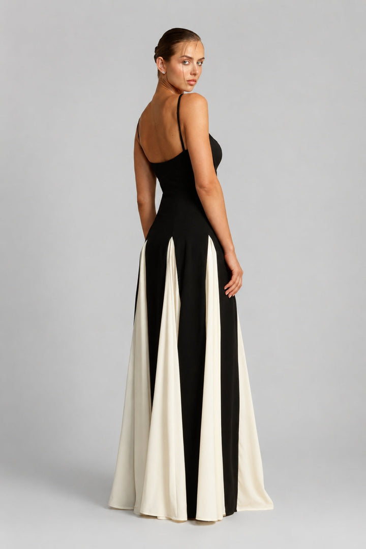 Women's Black & White Color Block Maxi Dress | Thin Straps, Fit & Flare