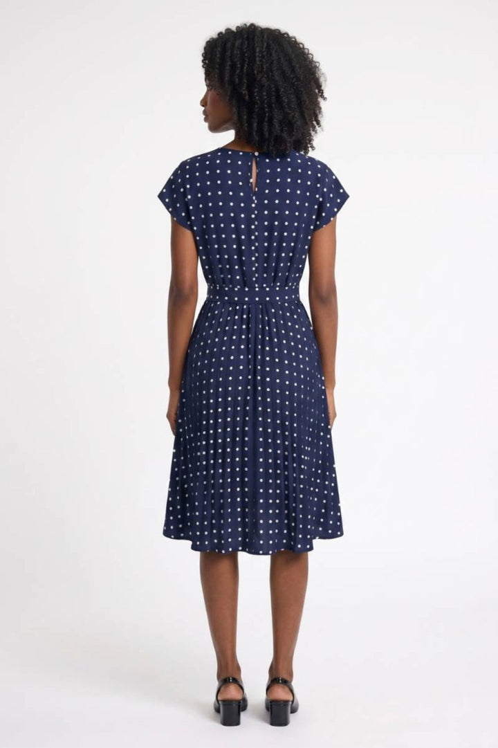 Women's Navy Blue Midi Dress - Polka Dot Print - Elegant Fitted Waist