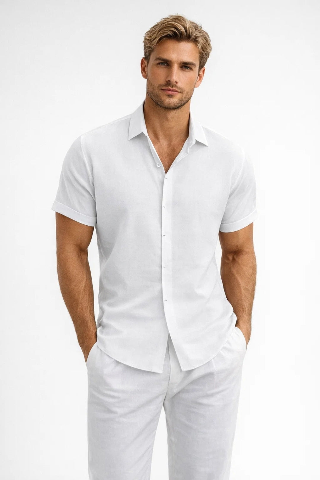 Men's Short Sleeve Shirt - Loose Fit - Sage Green Casual Button-Up