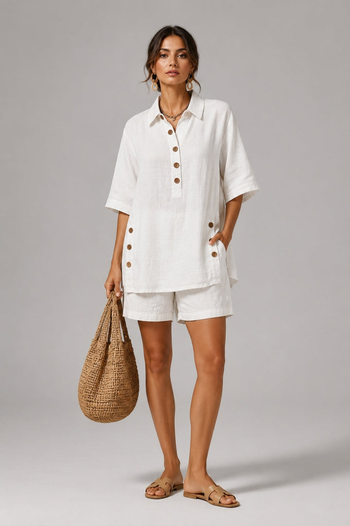 Women's Linen Oversized Shirt Set – Button-Up Top & Shorts, Casual Summer Outfit
