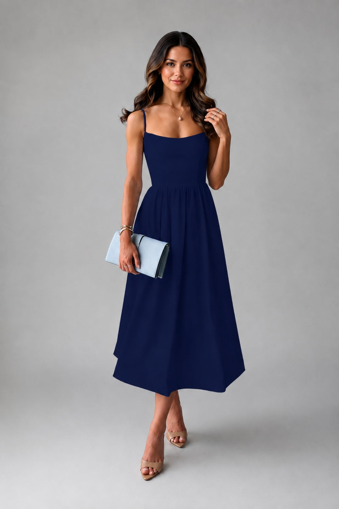 Stylish women's dress with a flared cut | Sky-blue midi dress with thin straps