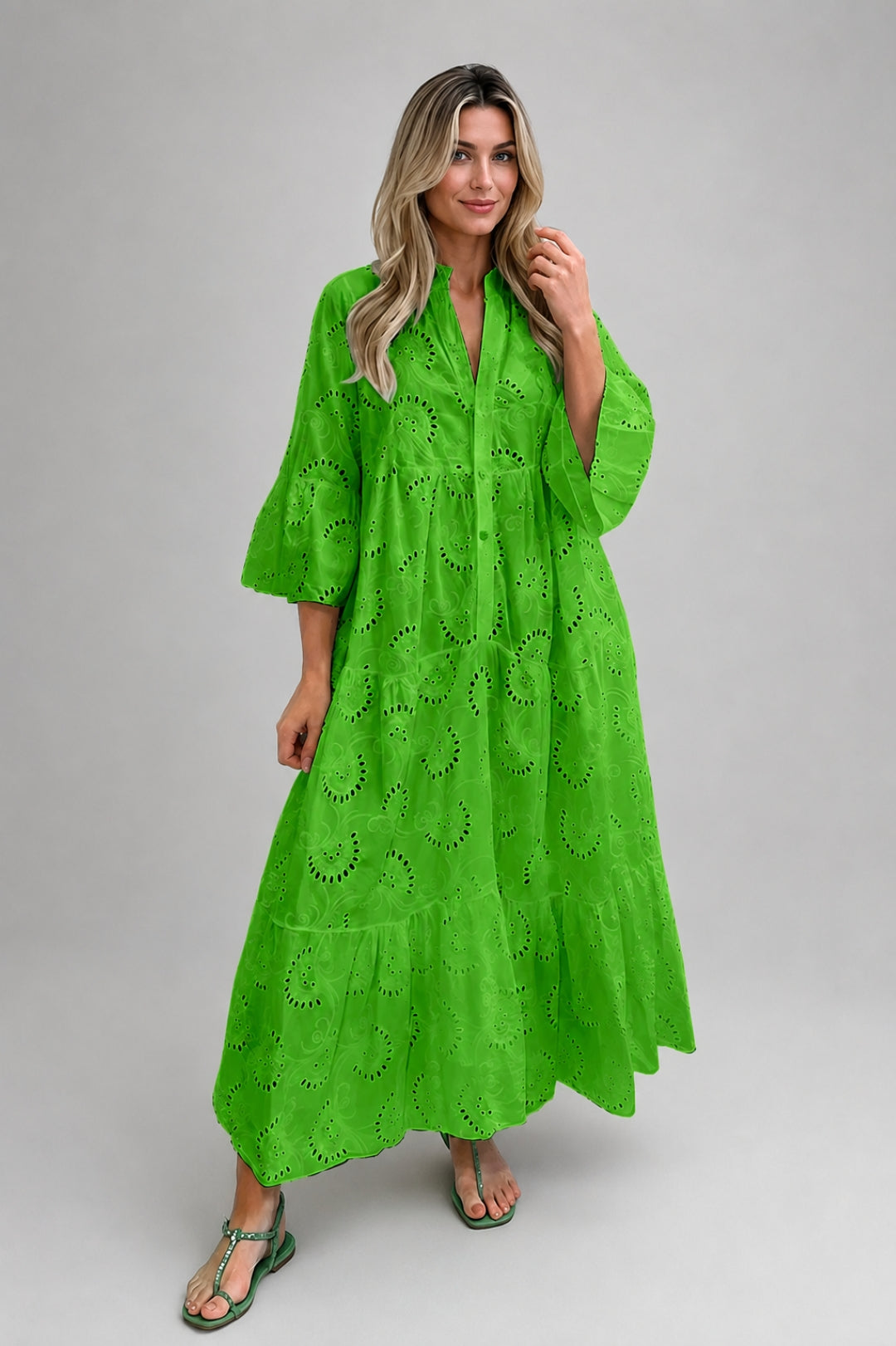 Women's Boho Summer Maxi Dress – Loose Fit, Crochet Embroidery, Button V-Neck
