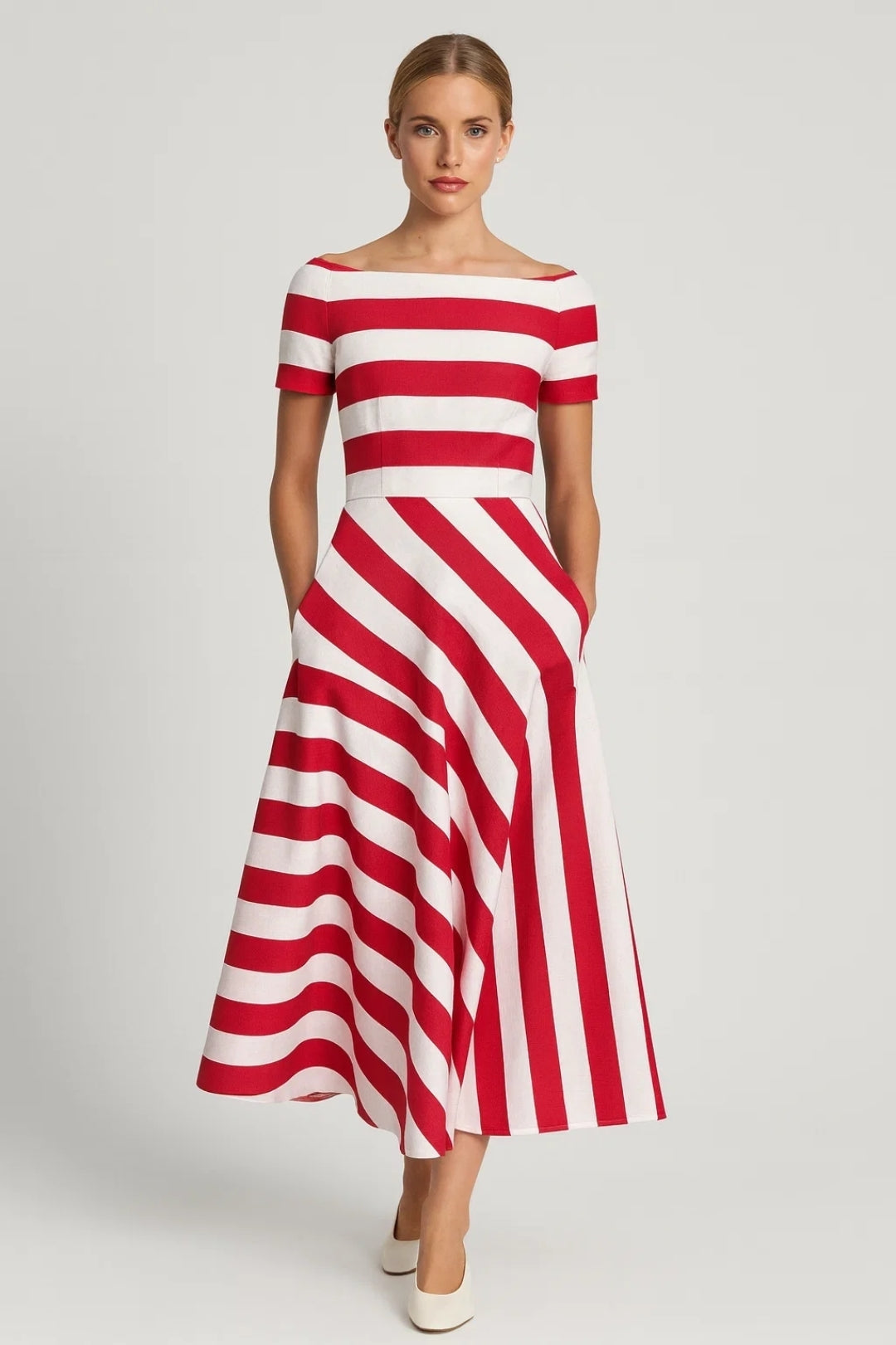 Women’s Midi Dress | Striped & Short Sleeves | Navy Blue & White