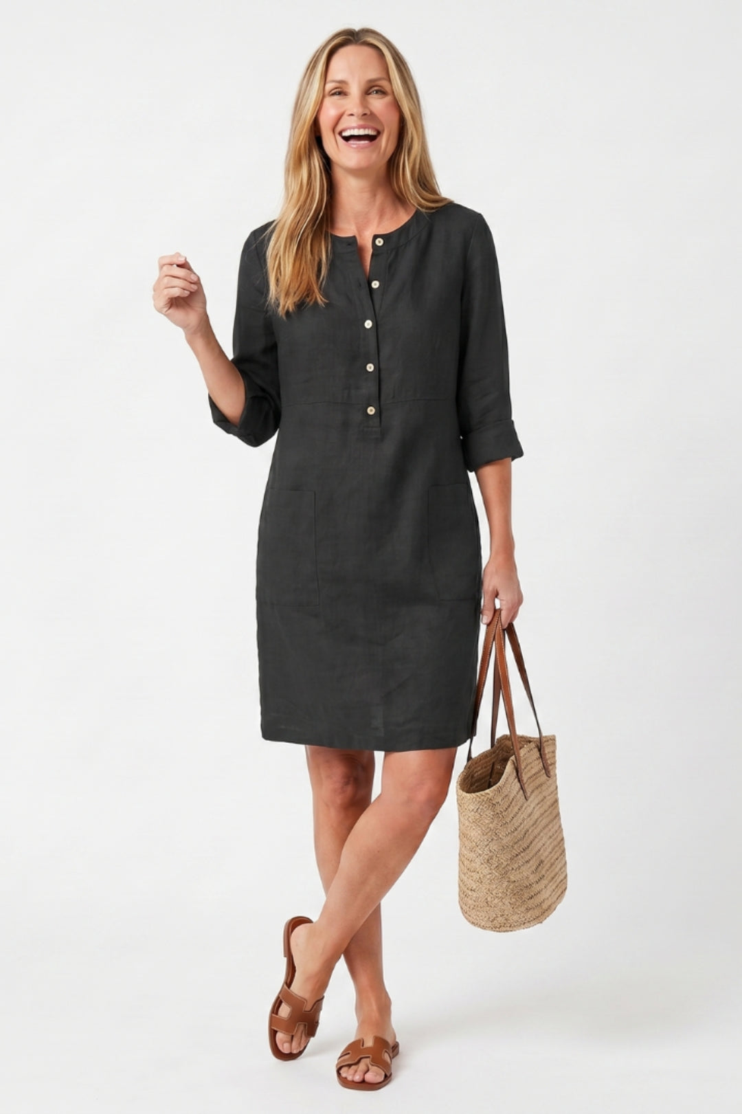 Women's Straight Cut Midi Dress - 3/4 Sleeve Linen Boho Dress with Side Pockets