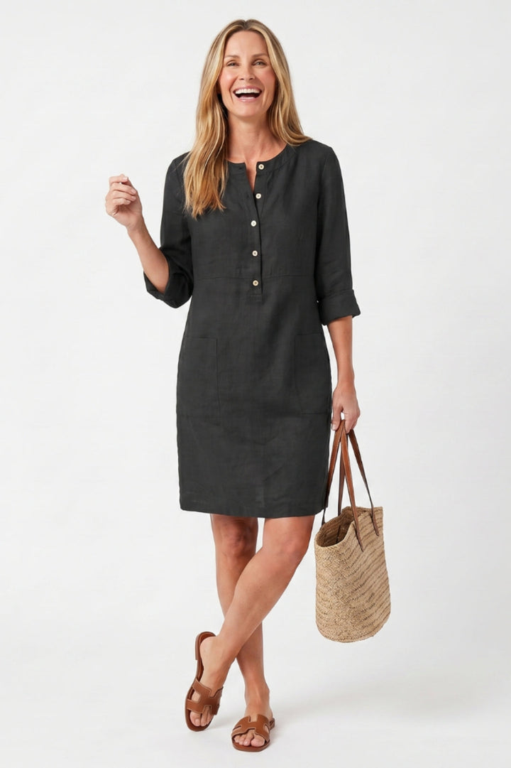 Women's Straight Cut Midi Dress - 3/4 Sleeve Linen Boho Dress with Side Pockets