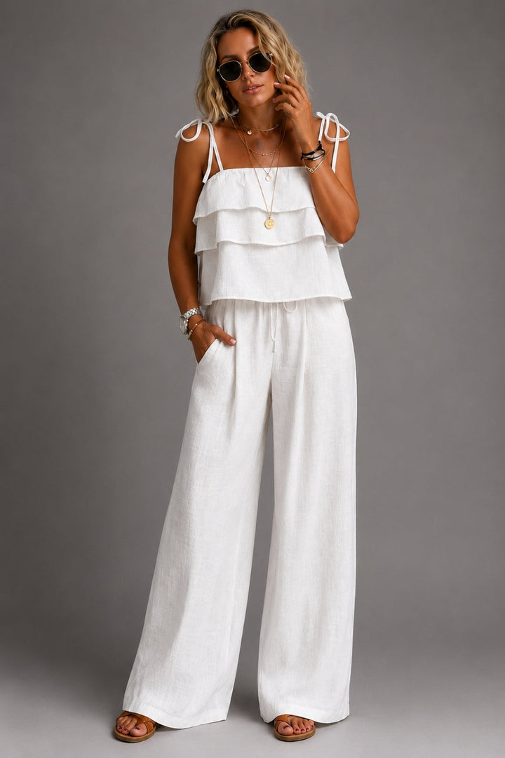 Women's Boho Linen Set – Ruffle Cami Top & Wide-Leg Pants, Summer Outfit