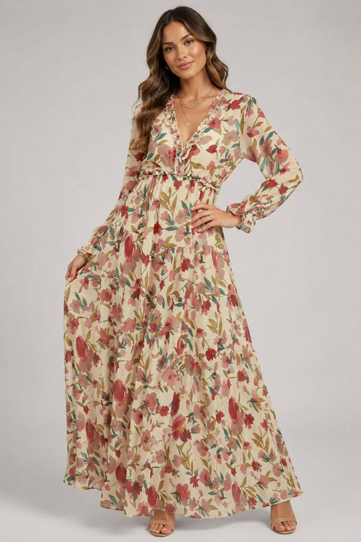 Women's Boho Floral Maxi Dress | Long Sleeve, V-Neck | Wedding Guest