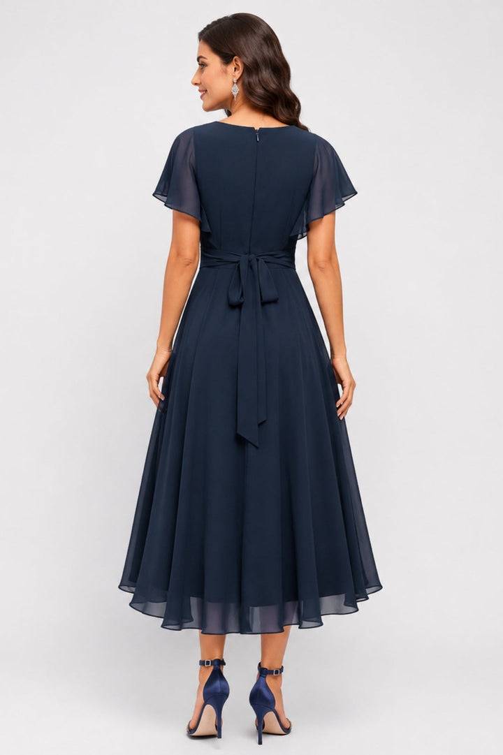 Flowy Women's Dress | V-neck with voile | Short sleeves | Asymmetrical hem | Wedding guests