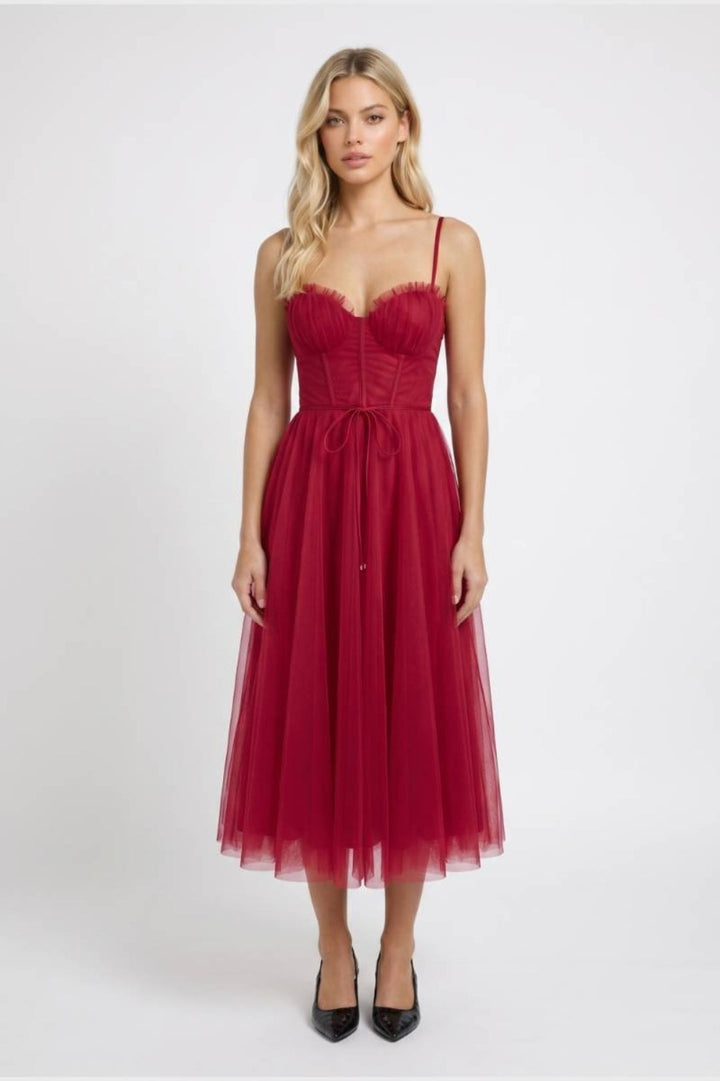 Women’s Midi Dress | Bustier & Thin Straps | Burgundy