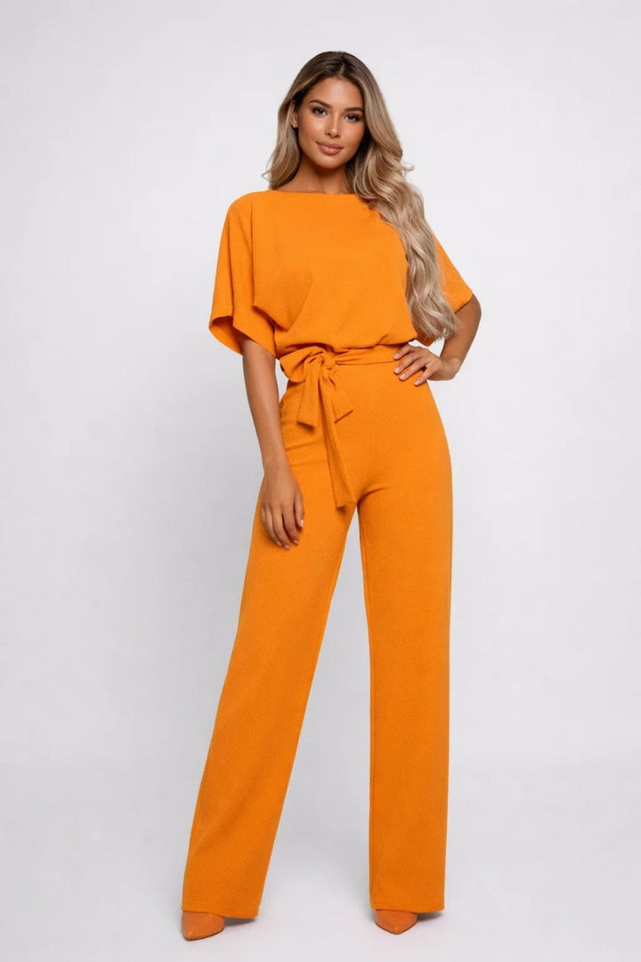 Women's Jumpsuit | Wide Leg & Tie Belt | Beige