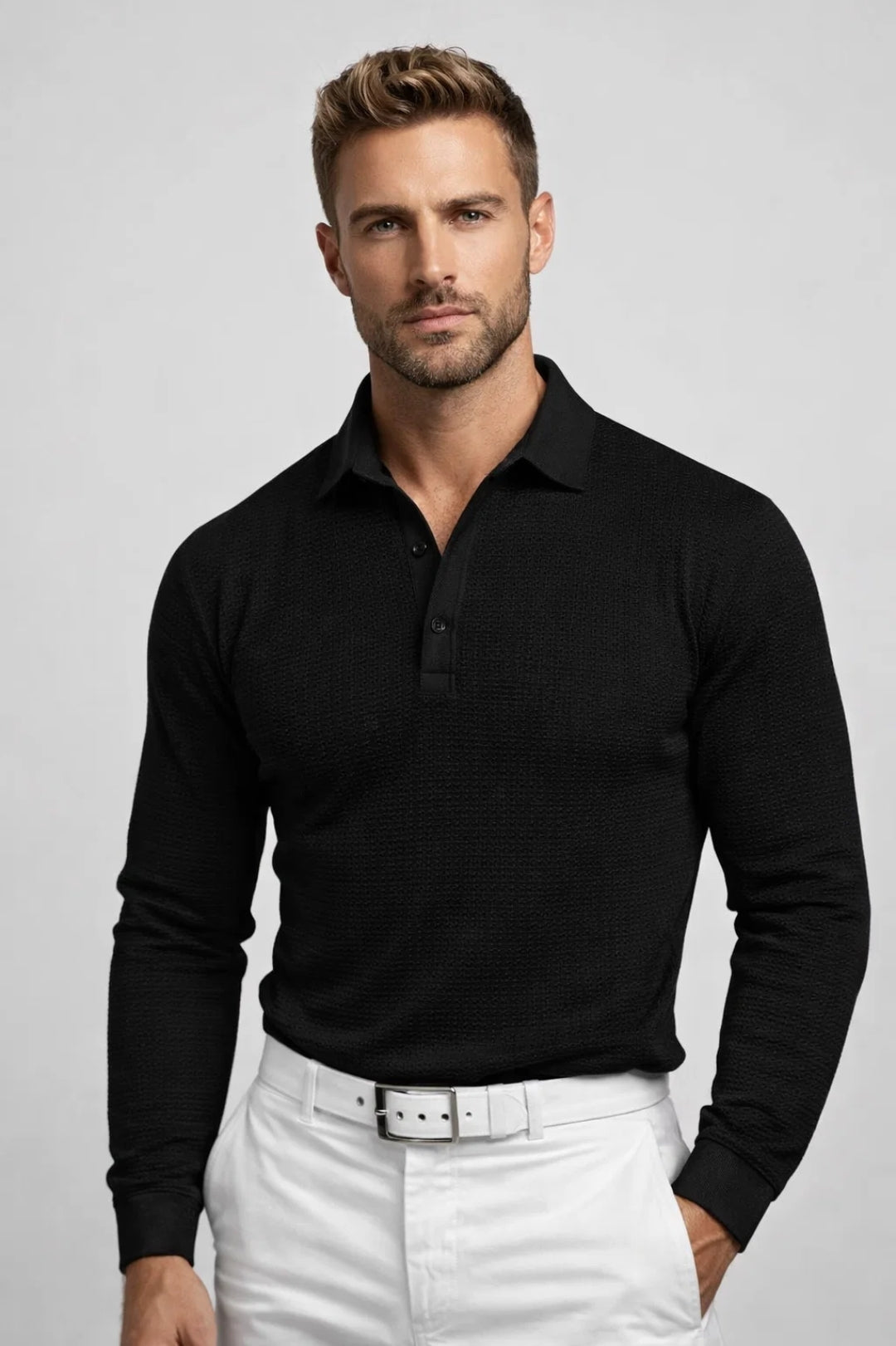 Men's Polo Shirt - Long Sleeve Waffle Knit - Light Grey