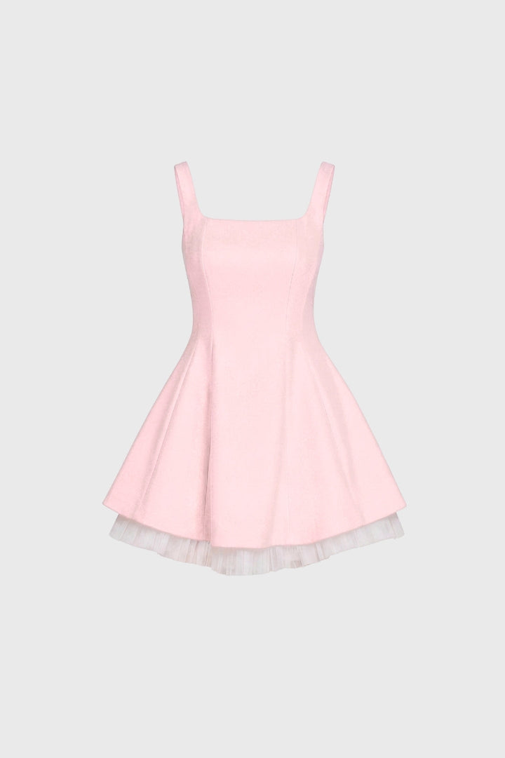 Short, flared dress for women | V-neck, wide straps, and romantic contrasting details