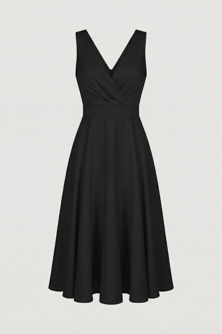 Women's Elegant A-Line Midi Dress - Powder Pink V-Neck with High Waist & Flowy Skirt