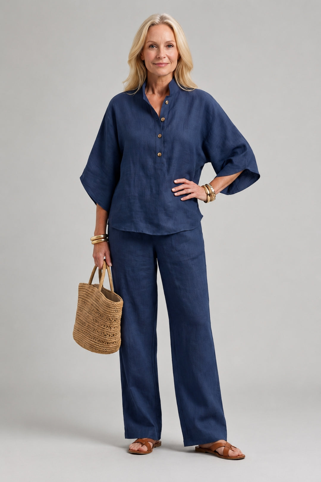Linen Set Women – Kimono Top & Classic Straight-Leg Trousers