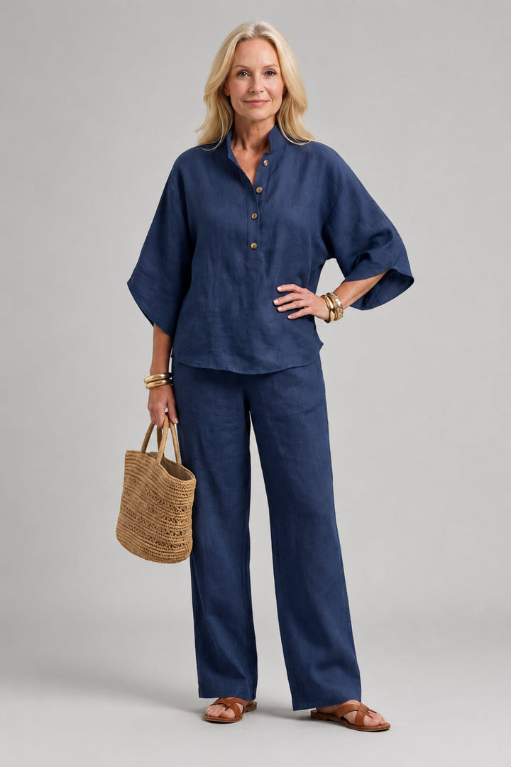 Linen Set Women – Kimono Top & Classic Straight-Leg Trousers