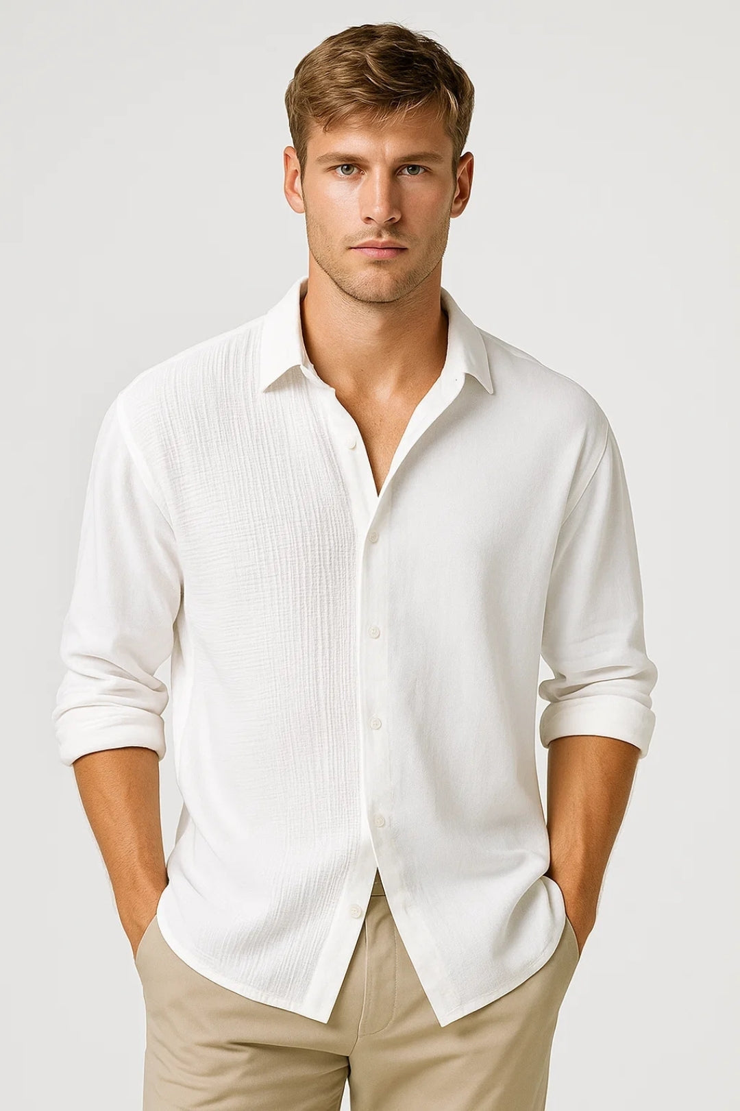 Men's shirt with a relaxed fit | Waffle texture | Open collar | Long sleeves | Casual summer look