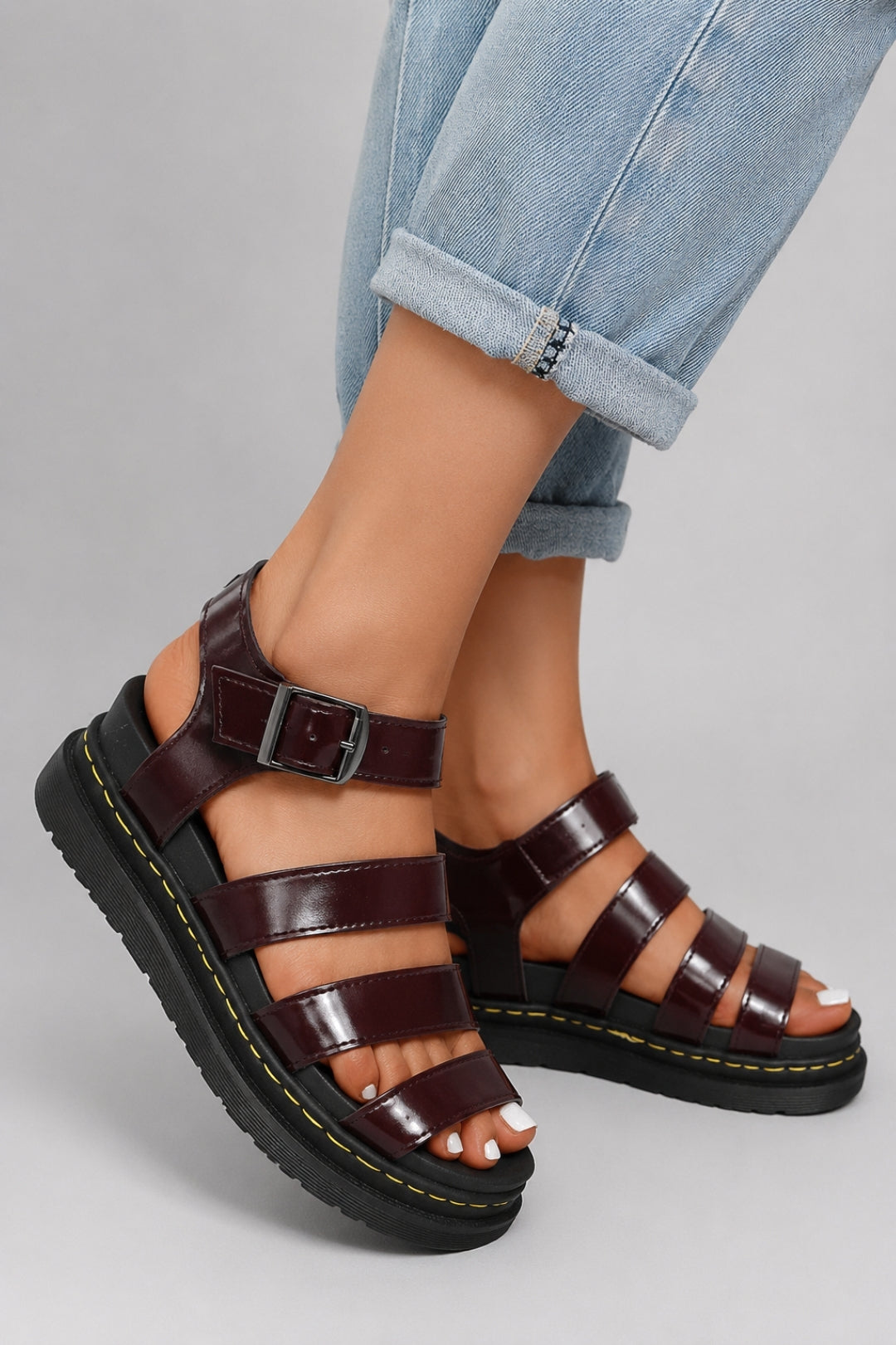 Casual Women's Sandals | Multiple Straps, Ribbed Platform Sole, and Leather-Look