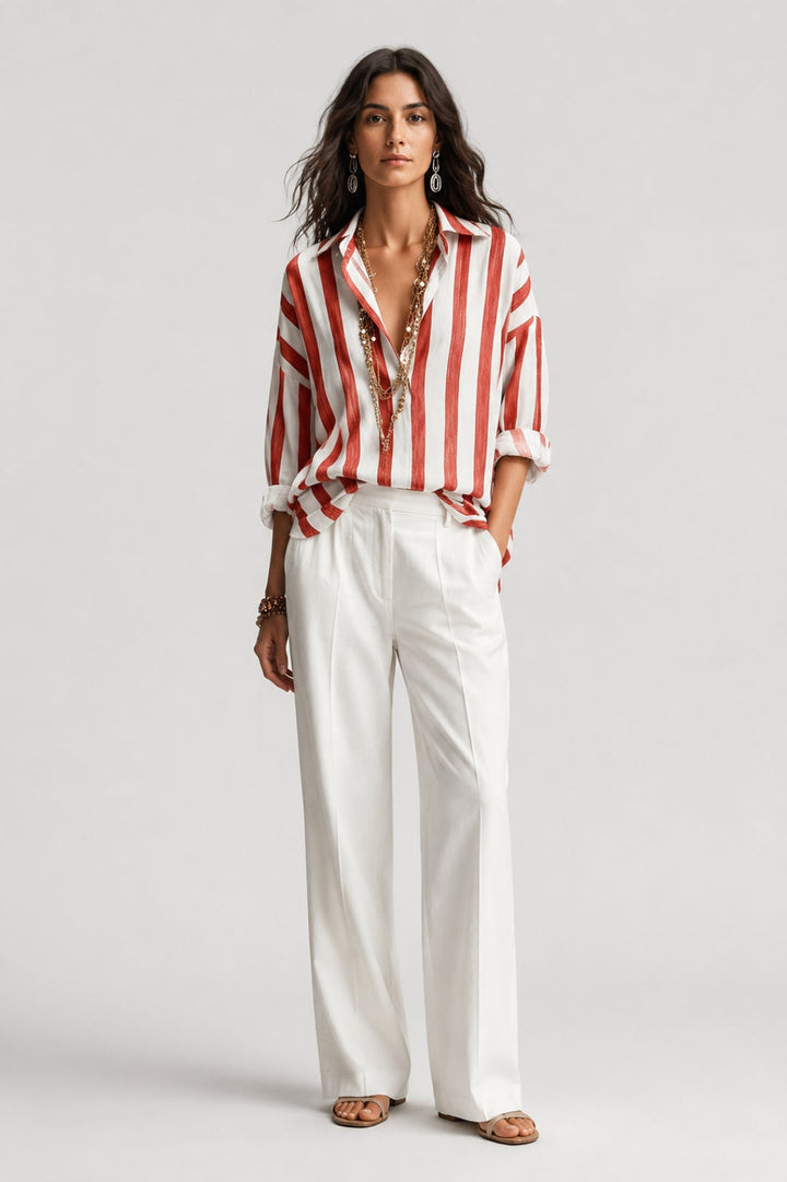 Stylish oversized linen blouse for women with a shirt collar and a striped pattern