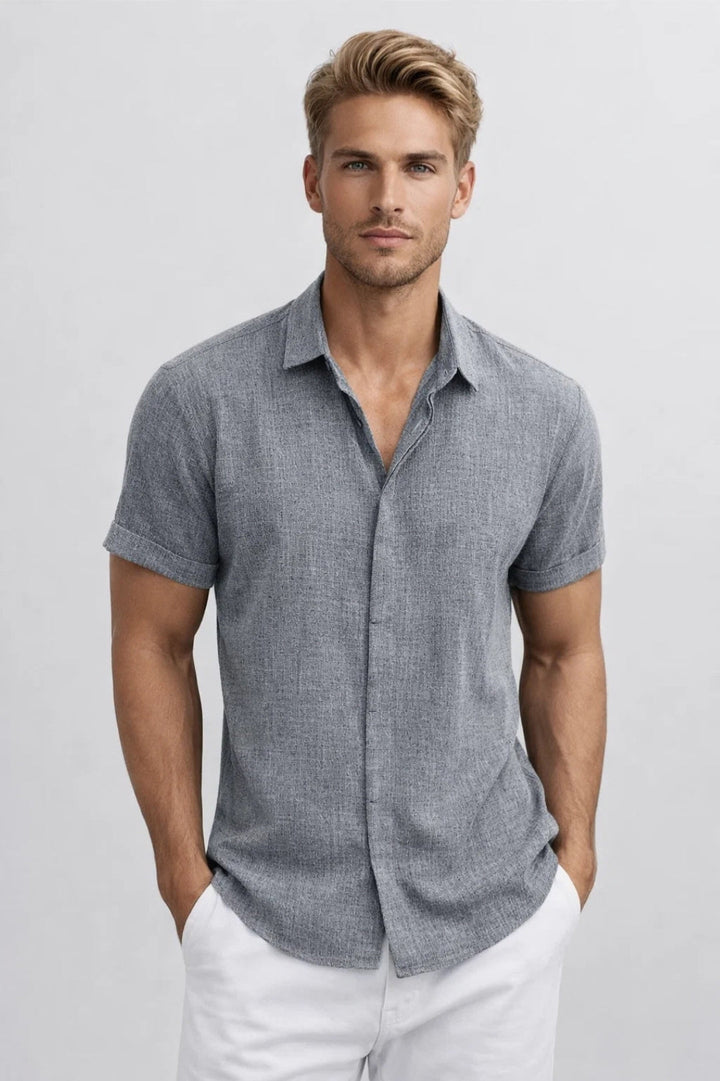 Men's Short Sleeve Shirt - Loose Fit - Sage Green Casual Button-Up