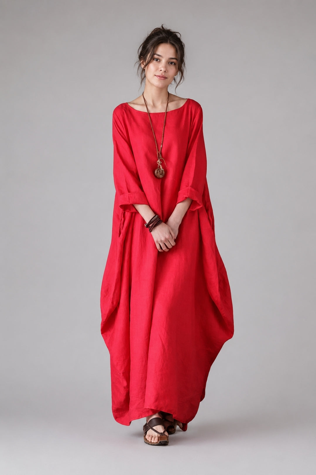 Linen Maxi Dress Women Boho – Batwing Sleeves & Oversized Fit