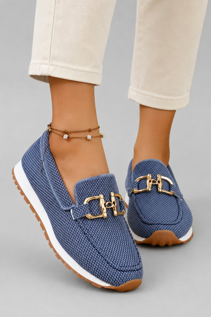 Women's moccasin with a comfortable fit | Gold buckle, platform sole, textured fabric
