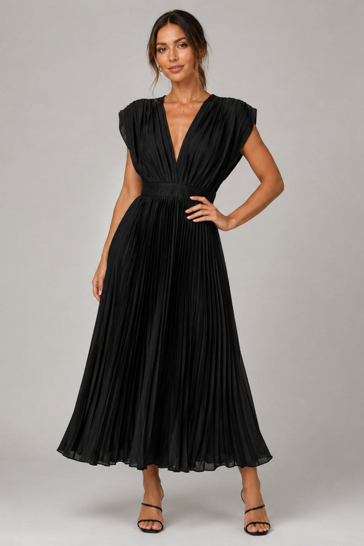 Women's Elegant Pleated Midi Dress | V-Neck, Fit & Flare, Wedding Guest