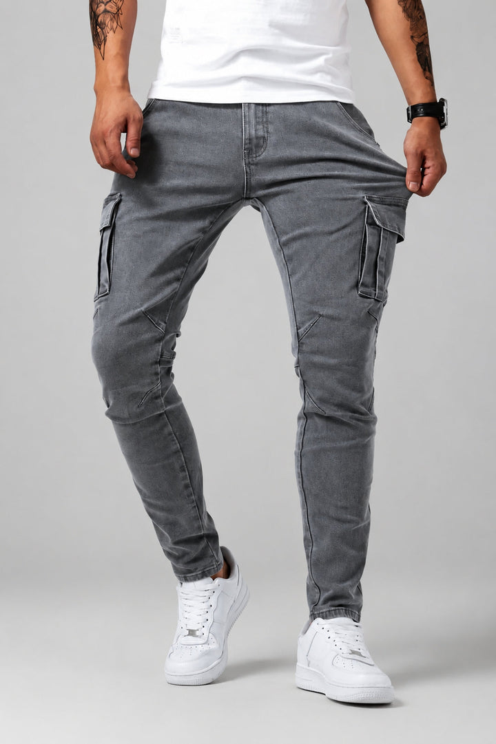 Men's Cargo Jeans - Slim Fit with Stretch - Multi-Pocket Casual Denim
