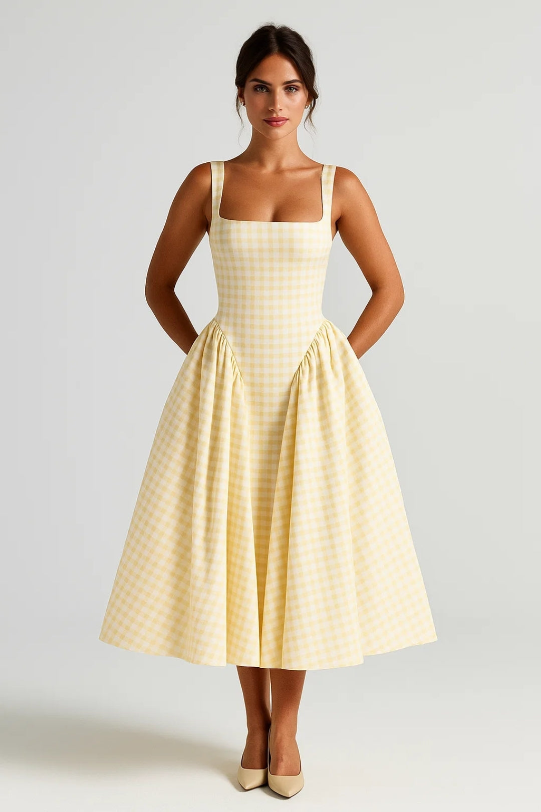 Women's Midi Dress - Plaid Print with Cinched Waist - Light Pink
