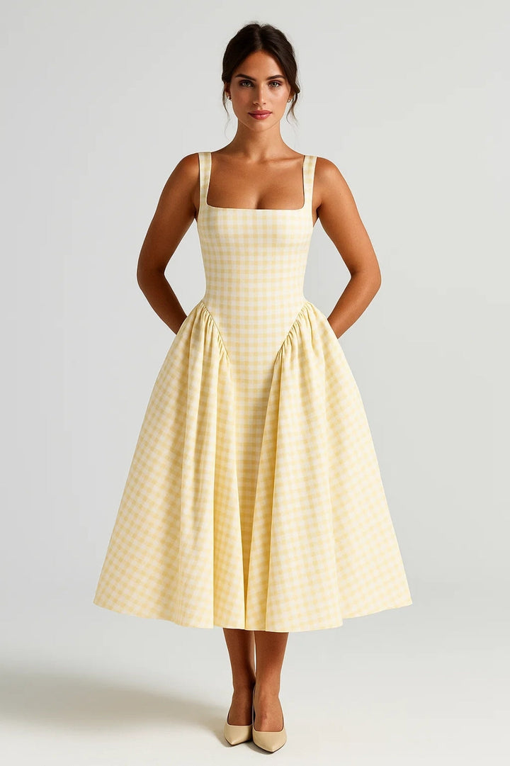 Women's Midi Dress - Plaid Print with Cinched Waist - Light Pink