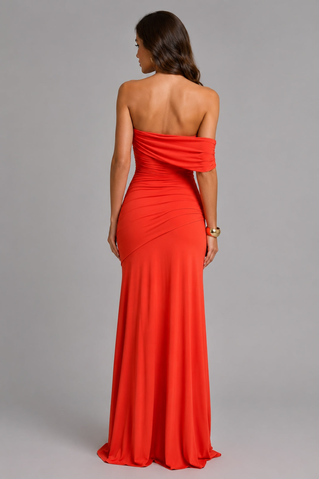 Women's Coral One-Shoulder Maxi Dress | Ruched Drape, Bodycon Silhouette