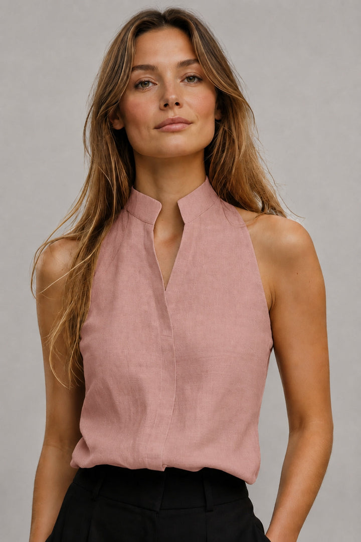 Women's blouse with a figure-hugging fit | Sleeveless, V-neck with a slit, linen-look fabric